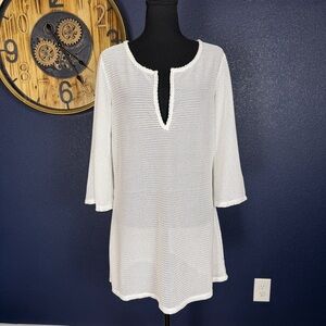 Jordan Taylor White Split Neck Bell Sleeve Swim Coverup Tunic, Size Large